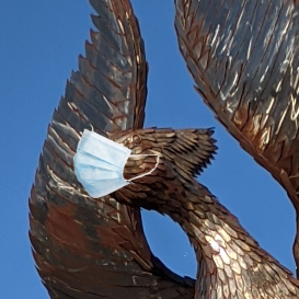 "Garfield Rising" sculpture with surgical mask