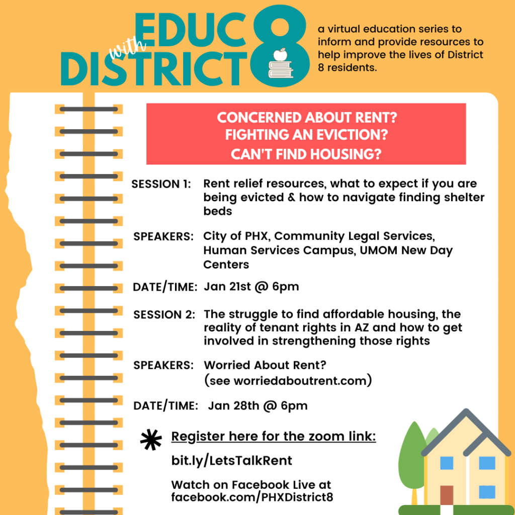 Concerned about rent?  Fighting an eviction?  Can't find house?  Sign up for free virtual sessions.  Session #1 is Jan 21st at 6pm, 2nd session is 1/28 at 6pm.